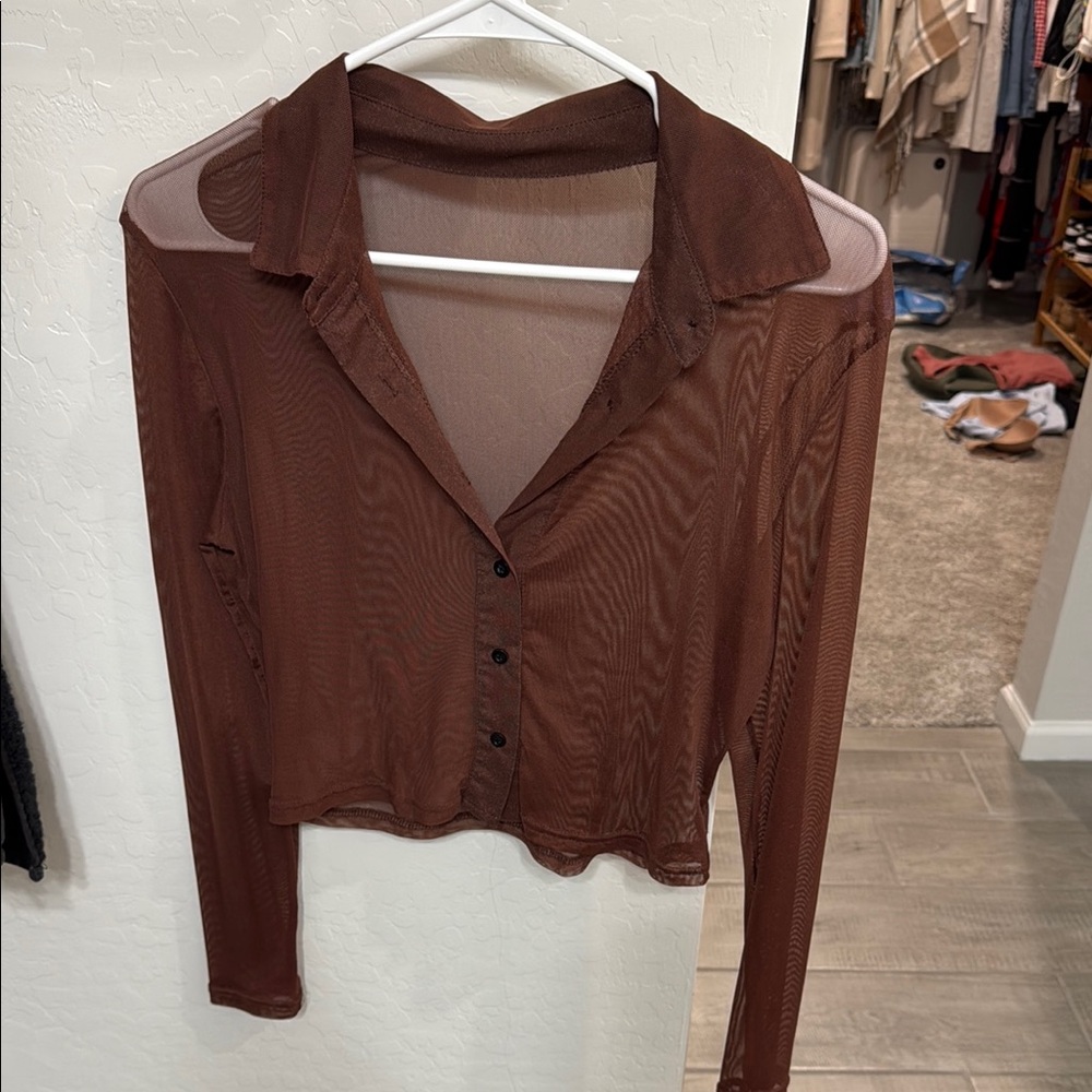 Sheer Brown Button-Up Top size small